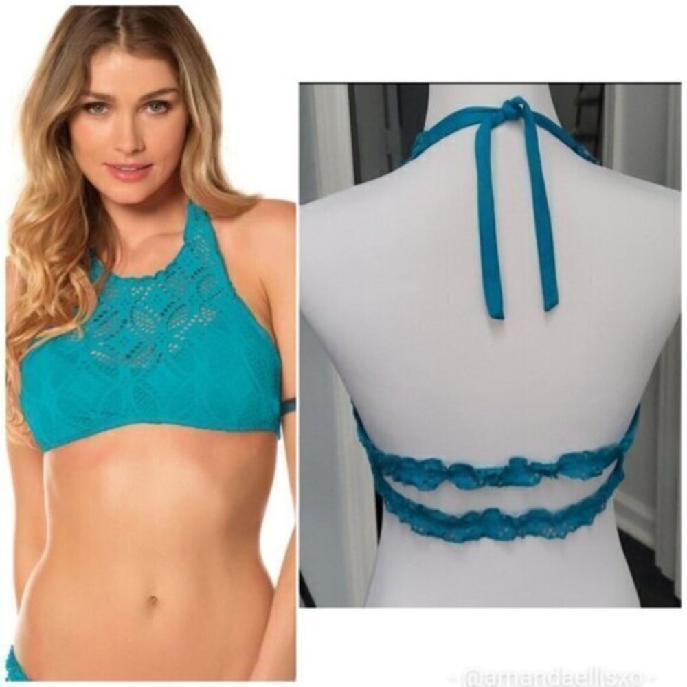 Becca Teal Crochet Halter Bikini Top Sz L